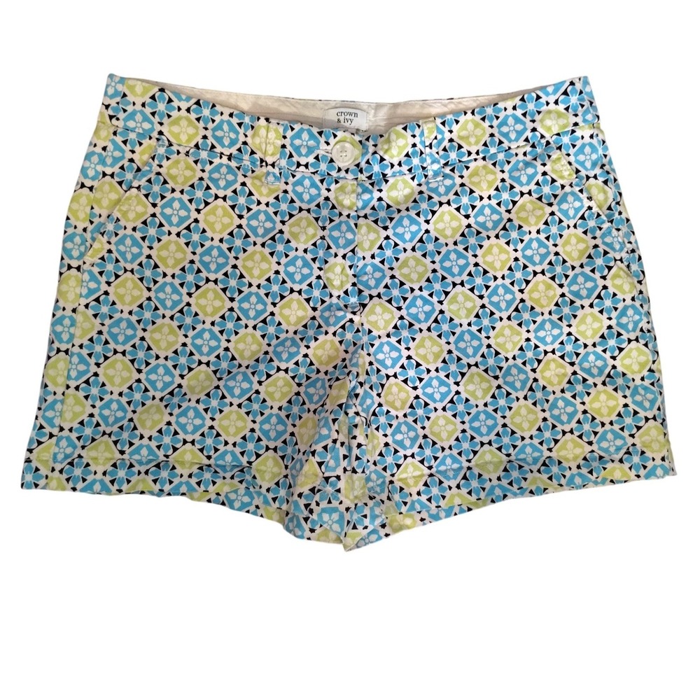 Crown & Ivy Women Blue Green Geometric Floral Tile Print Shorts Size 10‎ Stretch